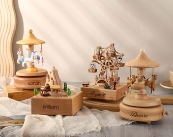 Boîte à musique personnalisée, cadeau souvenir pour enfants, cadeau de baby shower, boîte à musique en bois, cadeau nouveau-né, cadeau d'anniversaire de bébé, boîte à musique prénom gravée