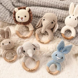 Personalized Crochet Animal Rattle, Wooden Teething Ring, Baby Shower Gift