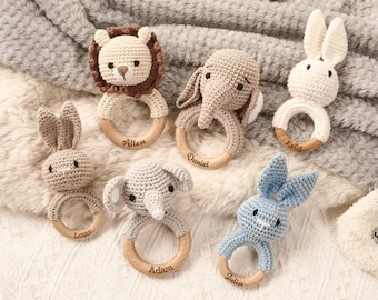 Personalized Baby Crochet Rattle, Custom Animal Rattle, Newborn Baby Gift, Baby Shower Gift, Wooden Rattle Toy, Rattle Ring with Name
