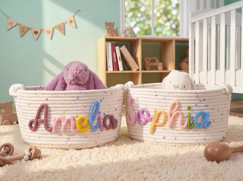 Personalized Name Baby Basket, Custom Nursery Toy Organizer image 9