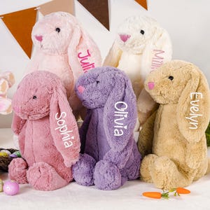 May include: Four plush bunny rabbits in different colors, pink, purple, white, and brown, with embroidered names on their ears. The names are "Sophia", "Olivia", "Mila", and "Evelyn".