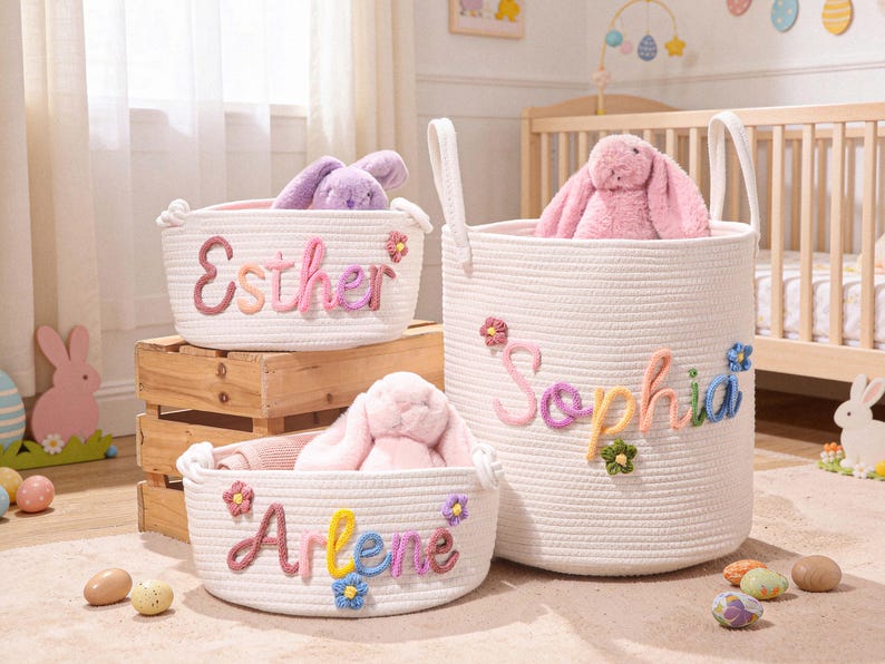 Personalized Name Baby Basket, Custom Nursery Toy Organizer image 1