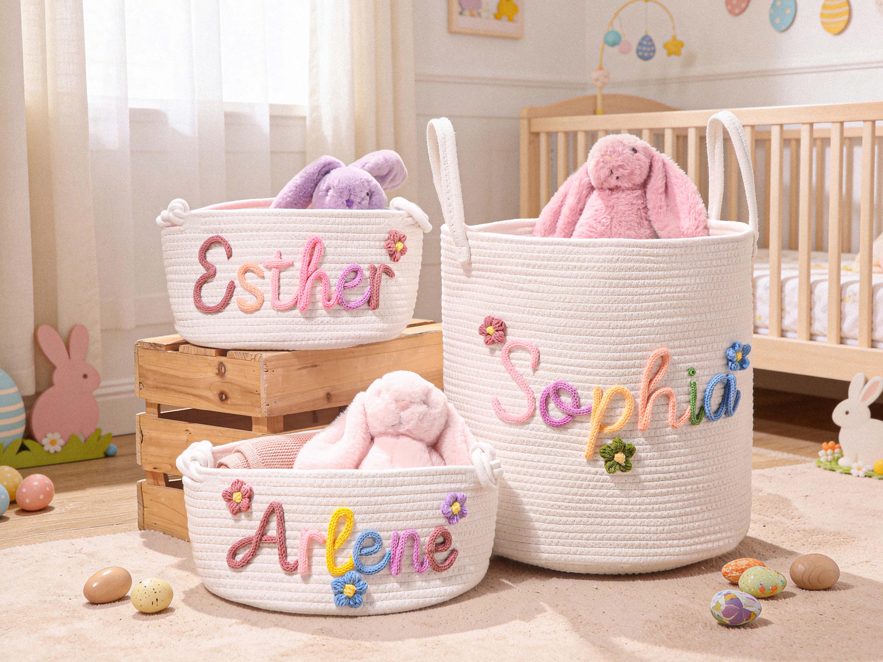Panier cadeau personnalisé pour bébé, panier en corde de coton pour fête prénatale, organisateur de rangement de jouets de bébé, cadeaux de