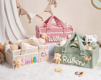 Aangepaste pluche baby-opbergmand, gepersonaliseerde naam luiercaddy, opbergmand met scheidingswanden, organizer kinderkamer, welkomstcadeau pasgeborene