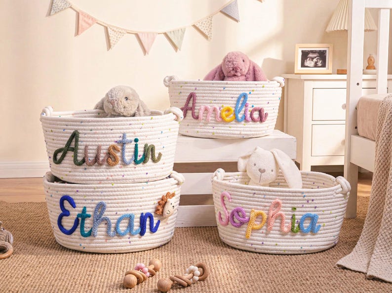 Personalized Name Baby Basket, Custom Nursery Toy Organizer image 8