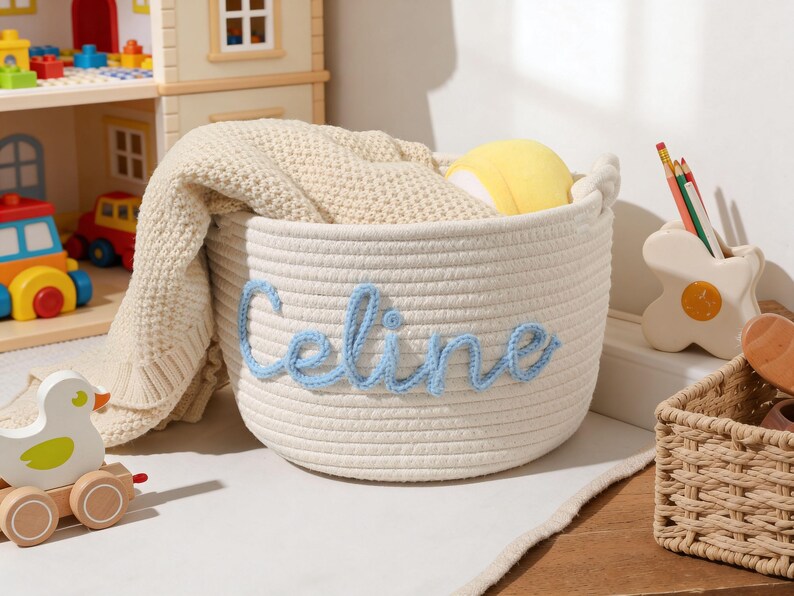 Personalized Baby Basket, Custom Baby Gift Basket, Baby Shower Gift, Newborn Gift, Rope Cotton Baby Basket,Custom Toy Organizer,Nursery Gift image 10