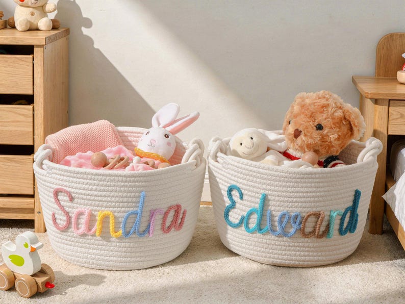 Personalized Baby Basket, Custom Baby Gift Basket, Baby Shower Gift, Newborn Gift, Rope Cotton Baby Basket,Custom Toy Organizer,Nursery Gift image 4