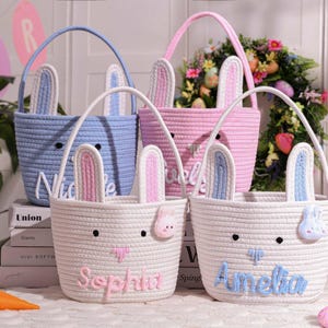 Personalisierter Baby-Osternkorb mit Namen, Personalisierter Häschen-Osternest, Kinder-Ostern-Geschenkkorb, Baumwollseilkorb, Babys erstes Ostergeschenk