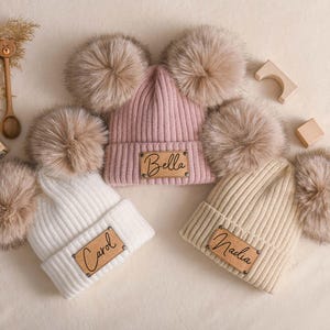 Personalized Kids Beanie with Name, Engraved Leather Patch Beanie, Christmas Gift for Child, Baby Beanie with Fur Pompom, Toddles Winter Hat