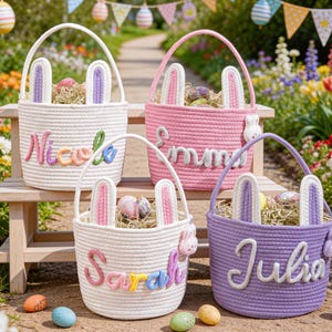Cesta de Páscoa personalizada com coelhinho da Páscoa, cesta de bebê com nome personalizado, cesta de presente de Páscoa para crianças, cesta com corda em formato de orelhas de coelho, cesta de Páscoa para bebês.