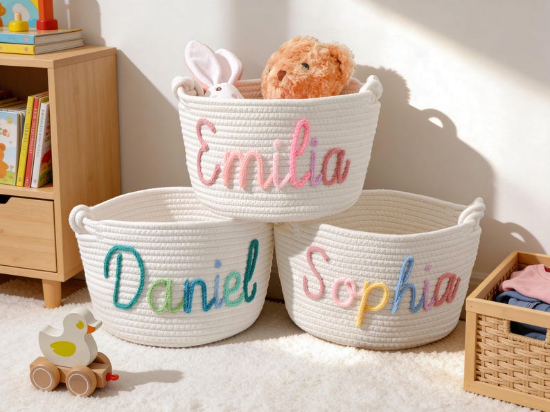 Personalized Baby Basket, Custom Baby Gift Basket, Baby Shower Gift, Newborn Gift, Rope Cotton Baby Basket,Custom Toy Organizer,Nursery Gift image 9