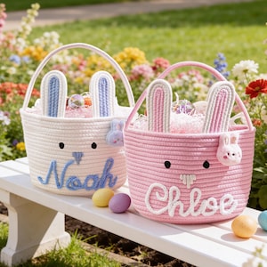 名前入りカスタムベビーイースターバスケット、パーソナライズされたバニーイースターバスケット、キッズイースターギフトバスケット、コットンロープバスケット、赤ちゃんの初めてのイースターギフト