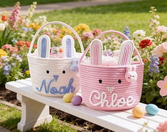 Custom Baby Easter Basket with Name, Personalized Bunny Easter Basket, Kids Easter Gift Basket, Cotton Rope Basket, Baby's First Easter Gift