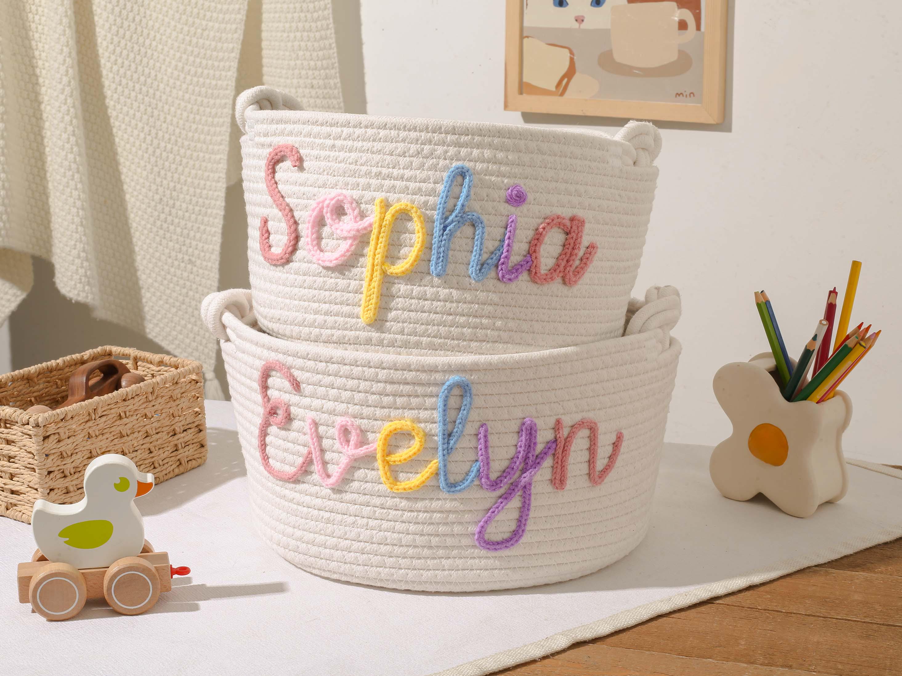 Panier Bébé Personnalisé Fait Main - Avec Nom, 24x18 Cm, En Corde De Coton, Pour Jouets Ou Décoration