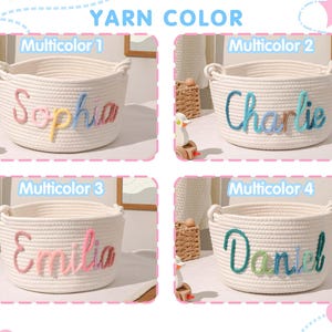 May include: Four white rope baskets with different coloured yarn lettering. The baskets are labelled "Sophia", "Charlie", "Emilia", and "Daniel".