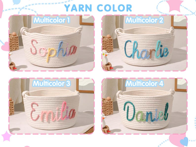 May include: Four white rope baskets with different coloured yarn lettering. The baskets are labelled "Sophia", "Charlie", "Emilia", and "Daniel".