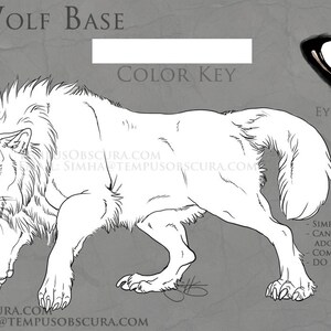 May include: A digital line art drawing of a wolf in a snarling pose, labeled P2U WOLF BASE. The image includes a separate eye detail graphic, a color key section, and text stating simple base, can use for refs or adopts, and do not sell base .psd.