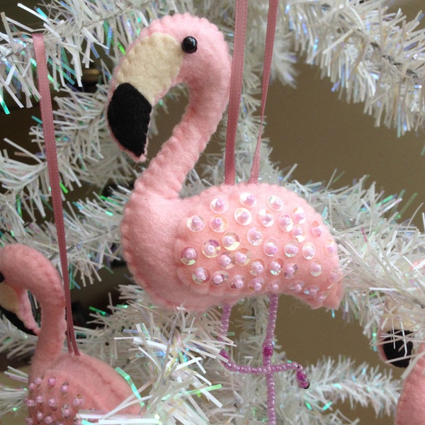 Pink Felt Flamingo Christmas Ornament - Beaded Legs - Sequined Wing - Gift for her - Grandmothers Ornament - Neighbors Gift Ready to Ship