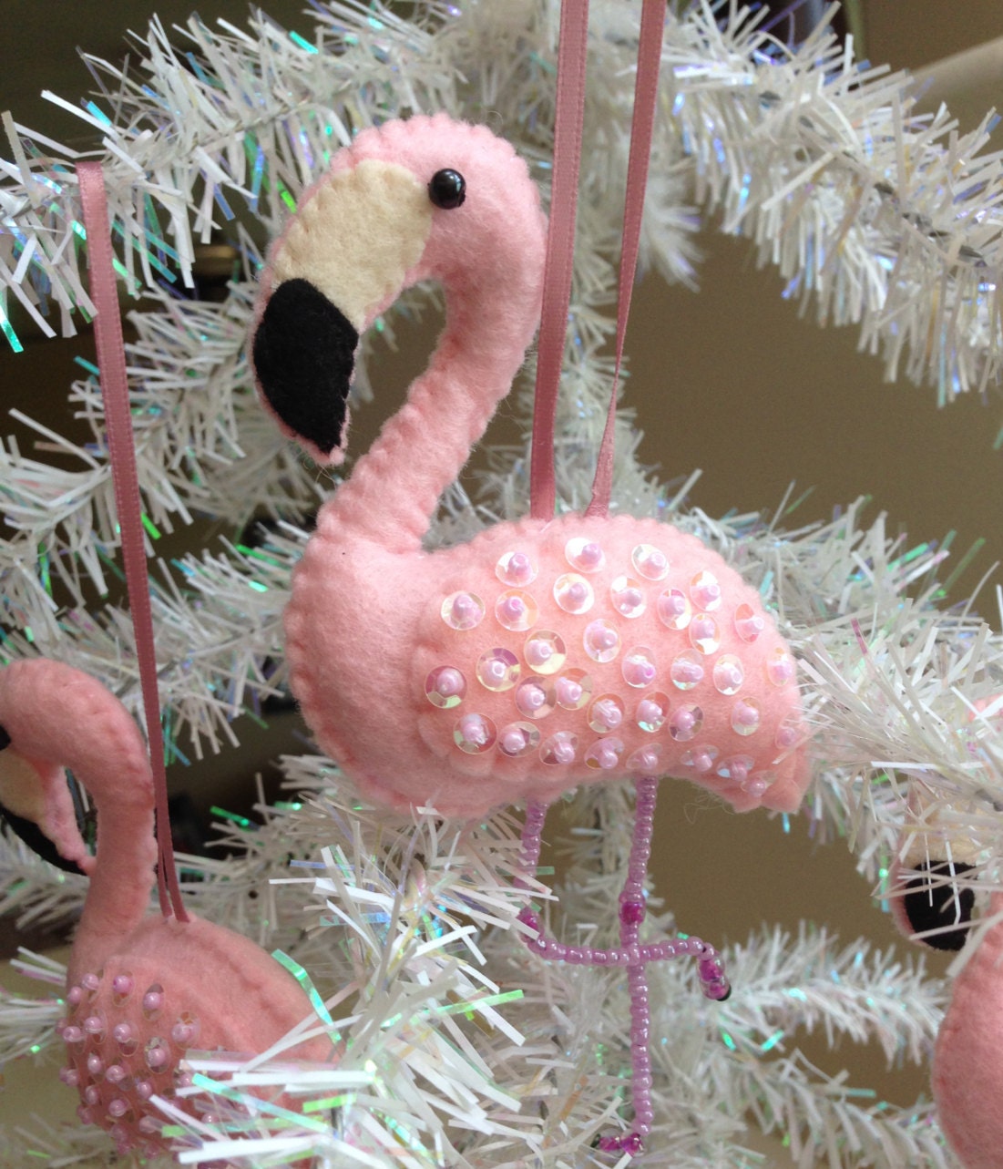 Pink Felt Flamingo Christmas Ornament Beaded Legs Sequined Etsy