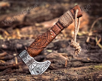Handmade Carbon Steel Viking Axe: Engraved Ash Wood Handle, Larp Axe