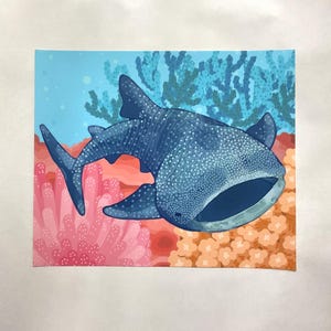 Whale shark digital wall art decor, Rhincodon typus, blue whale shark print illustration