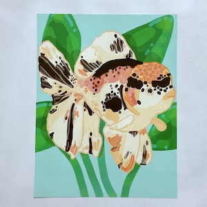 May include: A black, white, and orange goldfish with black eyes swims in a blue and green water tank. The goldfish is surrounded by green leaves.