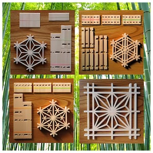 Puede incluir: Cuatro cuadrados de madera con diferentes patrones y diseños geométricos. Cada cuadrado presenta un patrón único, incluyendo una estrella de explosión, una cuadrícula y una serie de líneas. Los cuadrados están hechos de madera de color claro y tienen un acabado natural.