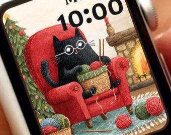 May include: White smartwatch with a screen displaying a black cat wearing glasses, knitting in a red armchair. The screen also shows the date and time: Mon 23, 10:00. The watch band is white.