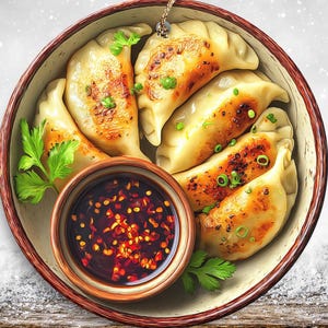 May include: A decorative ornament featuring a bowl of dumplings with a small bowl of dipping sauce. The dumplings are golden brown and garnished with green herbs. The ornament has a gold string for hanging.