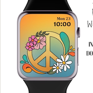 May include: A smartwatch face with a peace sign, flowers, and swirls on a gradient background. The time is 10:00 and the date is Mon 23.