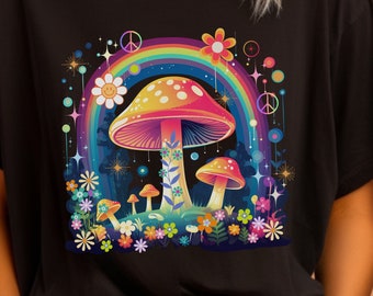 Hippy Mushroom T Shirt, Rainbow  Flowers Shirt, 70's Retro Shirt, Groovy Mushroom, Fungi Shirt, Psychedelic Rainbow Shirt, Nature Lover Gift