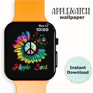 May include: A digital watch face with a tie-dye sunflower and peace sign design. The text "Hippie Soul" is displayed below the sunflower. The watch face is on a black Apple Watch with an orange band. The text "Mon 23 10:00" is displayed in the top right corner of the watch face.