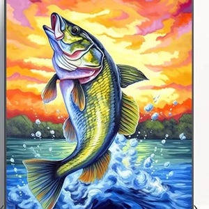 Jumping Bass Fish Diamond Painting Kit 5D Adult Craft Kit, Fishing Diamond Dots Paintings, Fish Mosaic, US Seller, 30x40 11.81x15.75 inches