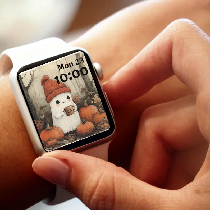 Halloween Ghost and Coffee Apple Smart Watch Wallpaper, Fall Pumpkins