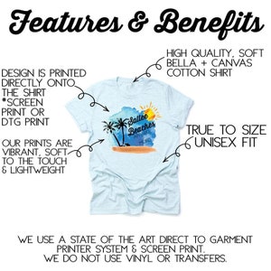 May include: A light blue t-shirt with a watercolor design of palm trees, a beach, and a sun. The text "Saltee Beaches Apparel & More" is printed on the shirt. The shirt is made of high quality, soft Bella + Canvas cotton. The design is printed directly onto the shirt using a state-of-the-art direct to garment printer system and screen print. The shirt is true to size and has a unisex fit.