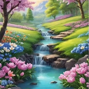 Kit de peinture diamant complet ruisseau et fleurs 5D Kit de création artisanale pour adultes 5D, peintures points de diamant, vendeur américain, 30 x 40 11,81 x 15,75 pouces