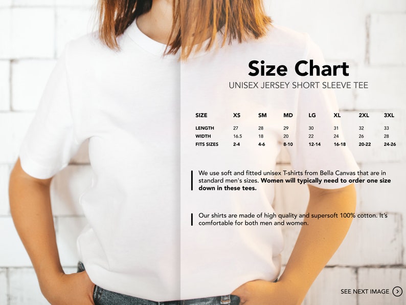May include: Size chart for unisex short sleeve t-shirts. The chart shows measurements for length, width, and fits sizes in inches. The chart includes sizes XS, SM, MD, LG, XL, 2XL, and 3XL.