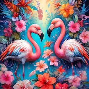 Flamingo Diamond Painting, 5D Diamond Art, Round Drills, Tropical Mosaic Dots Art, 20x20cm/8x8inches