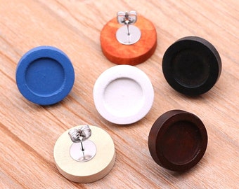 12mm Wood Cabochon Stud Earring, 1 Pair, 3 Colors to Choose, DIY Blank, Stainless Steel, DIY Jewelry Findings