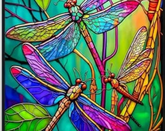 Frameless 5D Dragonflies Stained Window Diamond Painting DIY Kit, 30*40cm/11.8*15.7in, Diamond Art, Full Round Drill, US Seller