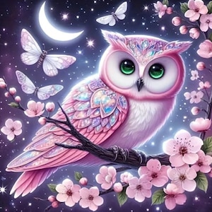 Pink Owl 5D Round Diamond Art Painting, DIY, 20x20cm/7.87x7.87 inch, Owl Diamond Art, Wall Decor, Gift for Her
