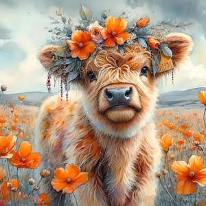 Kit de pintura de diamante 5D redondo con corona de flores y vaca de las tierras altas, 40 x 40 cm, 30 x 30 cm, kit de manualidades para adultos, herramientas incluidas, vendedor de EE. UU.