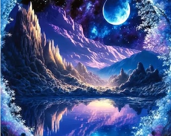 Moonlight Mountain Lake Scene 5D Round Diamond Painting DIY Art Kit, 30x40 cm, 11.81x15.75 inches, Large Diamond Art, No Frame, US Seller