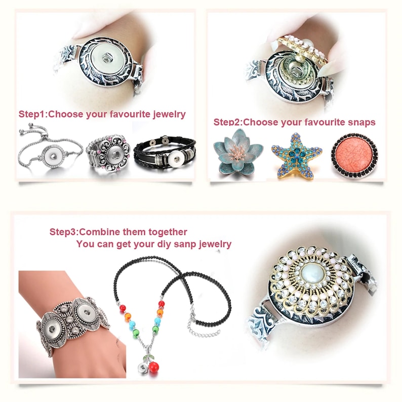 May include: A step-by-step guide to creating custom jewelry using snap-on charms. The image shows a variety of bracelets, necklaces, and charms, including a silver bracelet with a floral design, a starfish charm, and a red and white cherry charm.