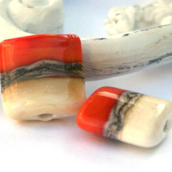 Pair  Handmade Orange and Cream Square Lampwork Glass Beads