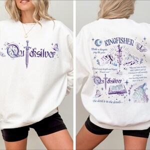 two pictures of a woman wearing a white sweatshirt
