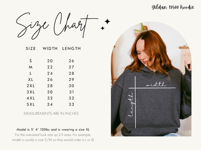 May include: Size chart for a Gildan 18500 hoodie, showing width and length measurements in inches for sizes S through 5XL. The chart shows that a size XL hoodie is 26 inches wide and 29 inches long. The model is wearing a size XL hoodie.