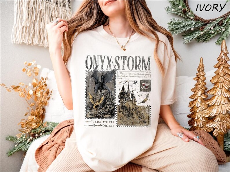 a woman sitting on a chair wearing a t - shirt