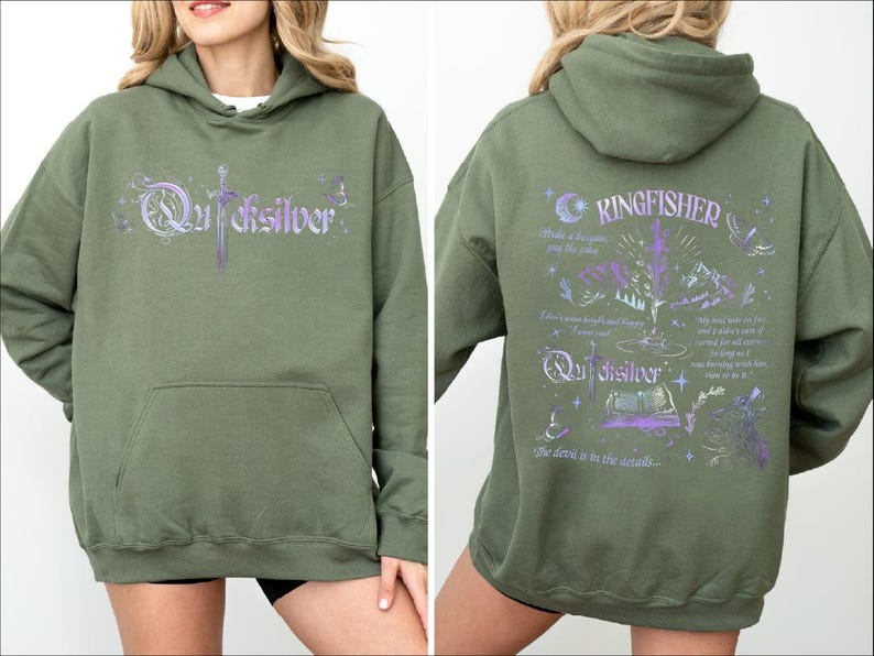 a woman wearing a green sweatshirt with purple writing on it