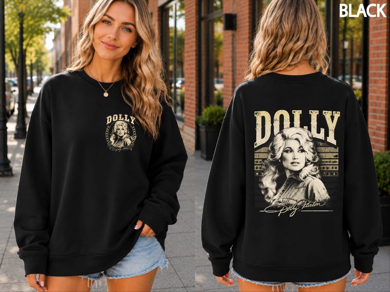 A woman wearing a black sweatshirt with a Dolly Portin graphic on the back.